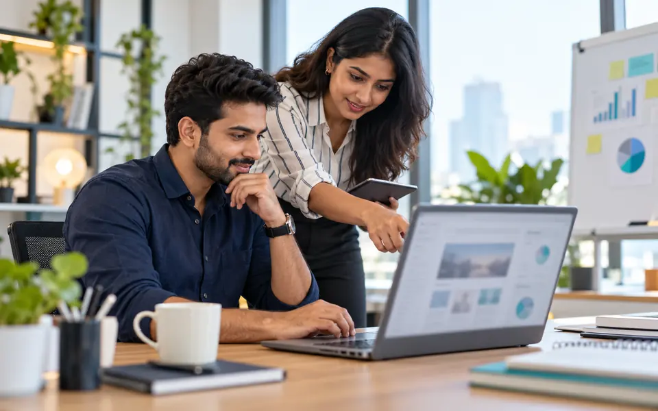 Marketing professionals reviewing campaign content on a laptop