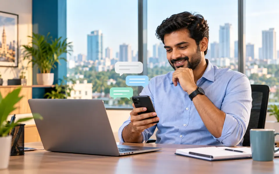 Business owner reviewing a mobile messaging campaign