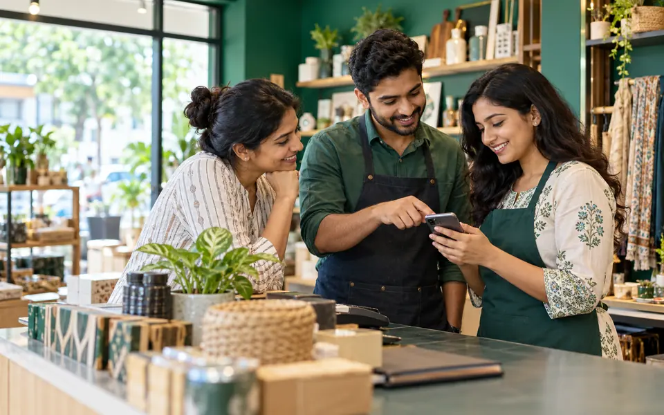 Retail team reviewing a customer conversation on a smartphone